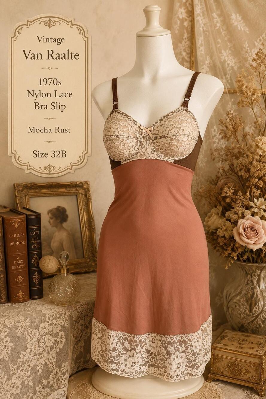 Vintage Van Raalte 1970s Nylon Lace Bra Slip Mocha Rust 32B